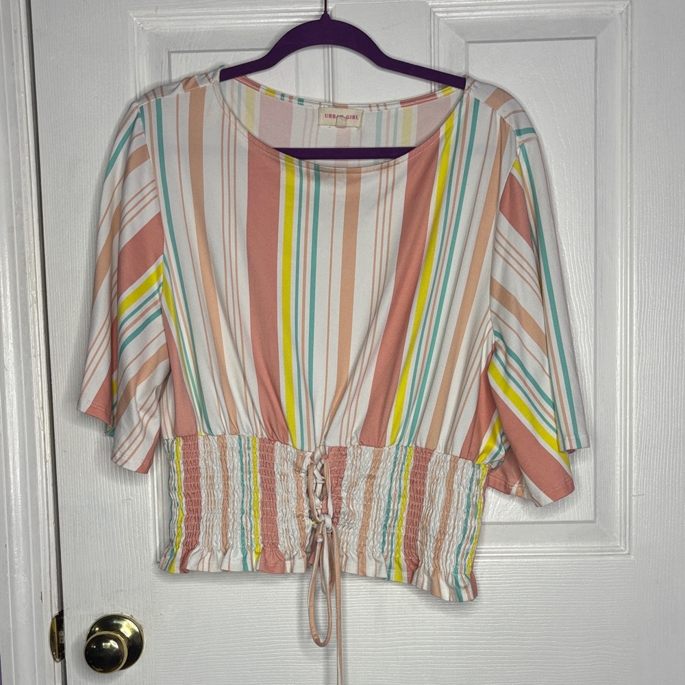 Striped Multi Pastel Crop Top with Drawstring